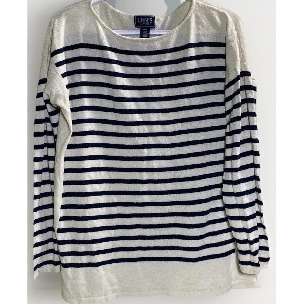 Chaps by Ralph Lauren Women's Size L Long Sleeve sweater navy stripes Coastal - Picture 1 of 6